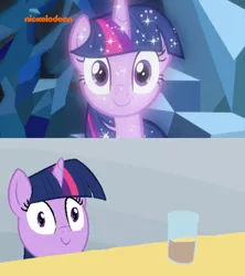 Size: 550x618 | Tagged: safe, artist:furseiseki, derpibooru import, screencap, twilight sparkle, pony, what lies beneath, chocolate, chocolate milk, comparison, exploitable meme, female, mare, meme, milk, nickelodeon, pure unfiltered evil, smiling, sparkles, spilled milk, treelight sparkle