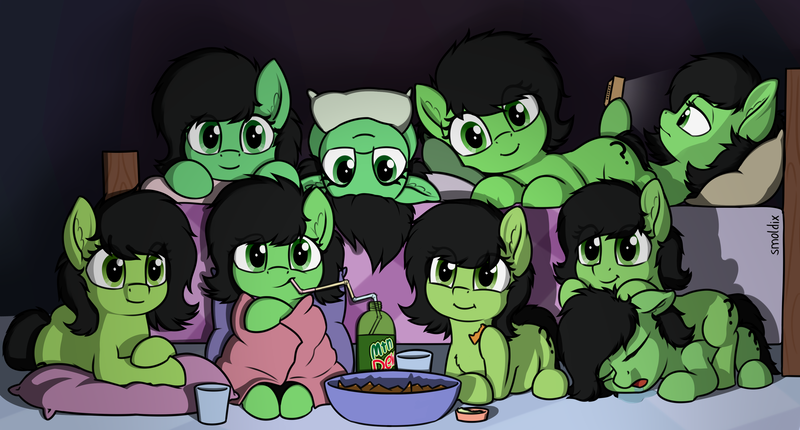 Size: 3817x2053 | Tagged: safe, artist:smoldix, derpibooru import, oc, oc:anon, oc:anonfilly, unofficial characters only, earth pony, pony, :t, adoranon, bed, bendy straw, blanket, bored, c:, chest fluff, chips, cuddling, cute, doritos, drinking straw, drool, ear fluff, eating, eyes closed, female, filly, floppy ears, food, head tilt, hoof hold, lidded eyes, looking at you, messy mane, mountain dew, multeity, nonet, ocbetes, on back, on top, pillow, pony hat, prone, puffy cheeks, sleeping, smiling, soda, straw, upside down