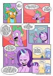 Size: 1280x1810 | Tagged: safe, artist:raph13th, derpibooru import, snails, spike, starlight glimmer, trixie, dragon, pony, unicorn, ask glitter shell, comic:glim glam and pals, comic, dialogue, female, glitter shell, glowing horn, magic, male, mare, speech bubble, tail, tail pull, telekinesis