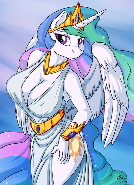 Size: 2550x3509 | Tagged: suggestive, artist:brushstroke, derpibooru import, princess celestia, alicorn, anthro, pony, absolute cleavage, beautiful, big breasts, breasts, busty princess celestia, cleavage, clothes, commission, crown, curves, curvy, cutie mark, dress, erect nipples, ethereal mane, eyebrows, eyelashes, female, flowing mane, high res, jewelry, looking at you, mare, multicolored mane, multicolored tail, nipple outline, peytral, praise the sun, purple eyes, regal, regalia, royalty, sexy, side slit, smiling, solo, solo female, sparkles, stupid sexy celestia