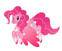 Size: 1363x1123 | Tagged: safe, artist:dippindott, derpibooru import, pinkie pie, pegasus, pony, leak, spoiler:g5, cutie mark, dappled, feathered fetlocks, female, flying, g5, mare, pegasus pinkie pie, pinkie pie (g5), race swap, redesign, simple background, smiling, socks (coat marking), solo, tail feathers, white background