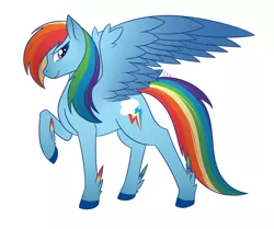 Size: 1961x1636 | Tagged: safe, artist:dippindott, derpibooru import, rainbow dash, pegasus, pony, leak, spoiler:g5, colored fetlocks, cutie mark, feathered fetlocks, female, g5, looking at you, mare, rainbow dash (g5), raised hoof, redesign, simple background, smiling, solo, spread wings, white background, wings