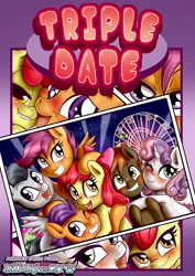 Size: 1860x2622 | Tagged: suggestive, artist:anibaruthecat, derpibooru import, apple bloom, button mash, rumble, scootaloo, sweetie belle, tender taps, pegasus, pony, unicorn, comic:triple date, blushing, comic, comic cover, cutie mark crusaders, female, ferris wheel, group photo, hat, implied foalcon, male, mare, open mouth, rumbloo, searchlight, shipping, stars, straight, sweetiemash, tenderbloom