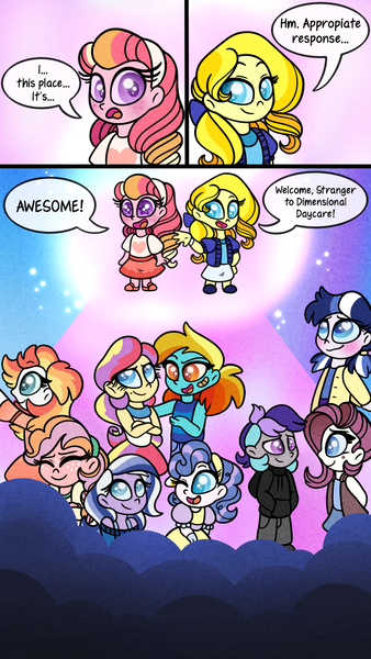 Size: 720x1280 | Tagged: safe, artist:carouselunique, artist:honeycrisp-tales, derpibooru import, oc, oc:blueberry pie, oc:darling, oc:heartthrob, oc:honeycrisp apple, oc:honeycrisp blossom, oc:kammelita sunrise, oc:lightning bug, oc:marquise, oc:shine brine, oc:sparkling dawn, oc:vespera, comic:little blossom lost, series:sciset diary, equestria girls, clothes, comic, female, offspring, parent:big macintosh, parent:prince blueblood, parent:princess cadance, parent:sunset shimmer, parents:cadmac, parents:sunblood