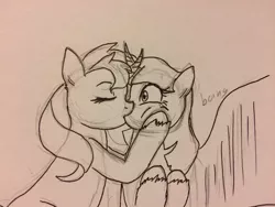 Size: 1024x768 | Tagged: safe, artist:fallenangel5414, derpibooru import, sunset shimmer, twilight sparkle, twilight sparkle (alicorn), alicorn, eyes closed, female, kissing, lesbian, nervous, pencil drawing, shipping, sunsetsparkle, traditional art