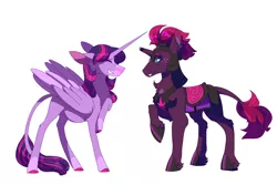Size: 6000x4000 | Tagged: safe, artist:uunicornicc, derpibooru import, fizzlepop berrytwist, tempest shadow, twilight sparkle, twilight sparkle (alicorn), alicorn, classical unicorn, pony, unicorn, absurd resolution, armor, broken horn, cloven hooves, colored hooves, eyes closed, leonine tail, looking at each other, preglight sparkle, pregnant, royal guard, simple background, smiling, story in the source, tempest becomes a royal guard, twilight's royal guard, unshorn fetlocks, white background