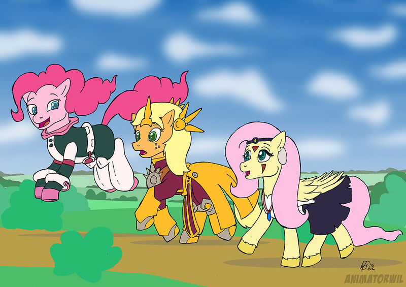 Size: 1200x848 | Tagged: safe, artist:animatorwil, derpibooru import, applejack, fluttershy, pinkie pie, pony, clothes, cosplay, costume, crossover, league of legends, leona, my hero academia, newbie artist training grounds, ochako uraraka, princess mononoke, uravity's hero costume