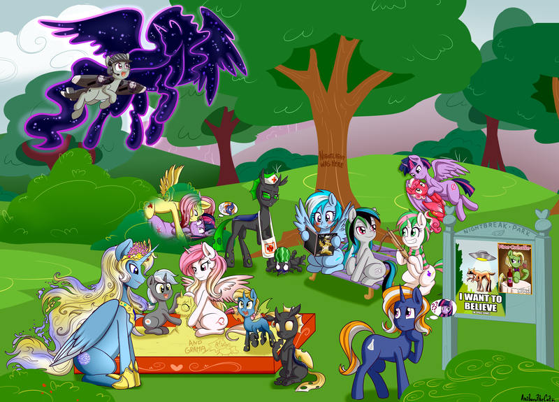 Size: 5319x3825 | Tagged: semi-grimdark, suggestive, artist:anibaruthecat, derpibooru import, daring do, tantabus, twilight sparkle, twilight sparkle (alicorn), oc, oc:artie, oc:chartreuse, oc:cleric, oc:cobalt sparkle, oc:crystal shear, oc:dawnshine, oc:dorn, oc:duskshine, oc:emerald, oc:fausticorn, oc:golden cherry, oc:oceanus, oc:silver quill, oc:soulheart, oc:tennet, oc:valentine, alicorn, changeling, earth pony, original species, pegasus, plane pony, pony, unicorn, alicorn oc, blushing, bush, butchershy, changeling loves watermelon, changeling oc, clothes, commission, crossbow, female, food, glasses, hat, high res, magazine, male, mare, mass effect, nurse hat, outdoors, park, plane, sand, sandbox, scarf, space cow, spread wings, stallion, tree, watermelon, wingboner, wings