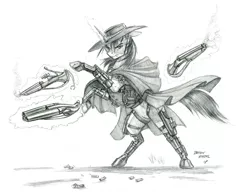 Size: 1300x1000 | Tagged: safe, artist:baron engel, derpibooru import, oc, oc:half-cock, unofficial characters only, cyborg, pony, unicorn, ammunition, cape, clothes, glowing horn, grayscale, gun, hat, levitation, magic, metal, monochrome, pencil drawing, rearing, shotgun, simple background, solo, telekinesis, traditional art, weapon, white background
