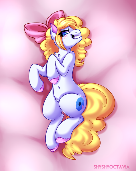Size: 1587x2000 | Tagged: safe, artist:shyshyoctavia, derpibooru import, oc, oc:treble spirit, unofficial characters only, earth pony, pony, bed, blonde, blonde hair, body pillow, bow, chest fluff, clothes, commission, digital art, ear fluff, eye clipping through hair, female, freckles, grin, hair bow, looking at you, lying down, mare, shoes, signature, smiling, solo, yellow hair, yellow mane, yellow tail