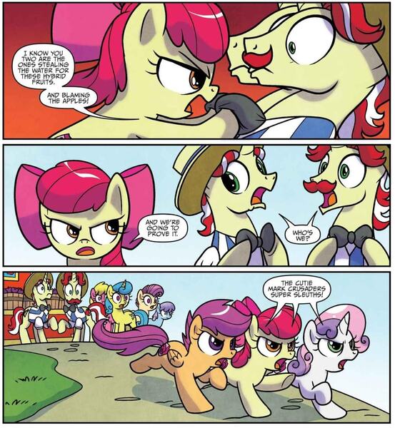 Size: 1053x1143 | Tagged: safe, artist:agnesgarbowska, derpibooru import, idw, apple bloom, flam, flim, scootaloo, sweetie belle, earth pony, pegasus, pony, unicorn, ponyville mysteries, spoiler:comic, spoiler:comicponyvillemysteries4, comic, cutie mark crusaders, female, filly, flim flam brothers, male, official comic, stallion