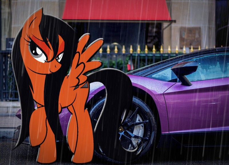 Size: 1026x740 | Tagged: base used, bedroom eyes, car, derpibooru import, hypercar, irl, lamborghini, lamborghini aventador, oc, oc:power drift, oc:power slide, photo, ponies in real life, rain, rule 63, safe, supercar, wet mane