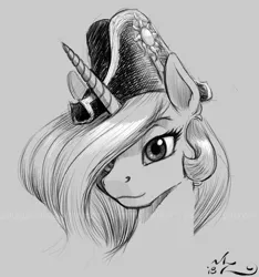 Size: 600x640 | Tagged: safe, artist:amarynceus, deleted from derpibooru, derpibooru import, princess celestia, alicorn, pony, bicorne, bust, female, gray background, grayscale, hat, mare, monochrome, portrait, simple background, solo, watermark