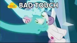 Size: 1024x576 | Tagged: safe, derpibooru import, edit, edited screencap, screencap, sweetie belle, pony, unicorn, school raze, bad touch, caption, d:, female, filly, frown, grabbing, hand, image macro, meme, nickelodeon, open mouth, out of context, scared, solo, wide eyes