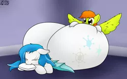 Size: 2196x1373 | Tagged: suggestive, artist:the-furry-railfan, derpibooru import, oc, oc:snowflake, oc:sweetie pea, unofficial characters only, bat pony, pegasus, pony, biting, clothes, eyes on the prize, female, huge butt, impossibly large butt, large butt, milk, resting, socks, spread wings, sucking, wide eyes, wingboner, wings