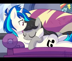 Size: 2000x1700 | Tagged: safe, artist:yaaaco, derpibooru import, octavia melody, vinyl scratch, earth pony, pony, unicorn, cute, eyes closed, female, lesbian, mare, on back, prone, scratchtavia, shipping, sleeping