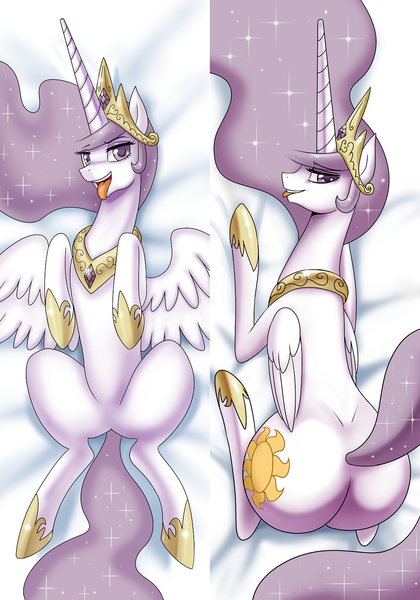 Size: 1121x1602 | Tagged: suggestive, artist:johnjoseco, derpibooru import, princess celestia, alicorn, pony, princess molestia, bedroom eyes, body pillow, featureless crotch, female, looking at you, mare, open mouth, peytral, plot, solo, tongue out