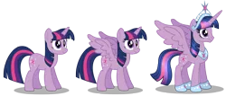 Size: 5000x2148 | Tagged: safe, artist:aleximusprime, derpibooru import, twilight sparkle, twilight sparkle (alicorn), alicorn, pony, unicorn, age progression, anklet, big crown thingy, element of magic, female, height difference, jewelry, mare, necklace, older, older twilight, regalia, simple background, solo, spread wings, tiara, transparent background, unicorn twilight, wings