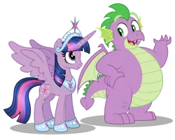 Size: 1024x819 | Tagged: safe, artist:aleximusprime, derpibooru import, spike, twilight sparkle, twilight sparkle (alicorn), alicorn, dragon, pony, flurry heart's story, adult, adult spike, big crown thingy, chubby, claws, cutie mark, dragon wings, duo, fangs, fat, fat spike, female, future, hooves, horn, horns, jewelry, male, mare, older, older spike, older twilight, open mouth, plump, regalia, simple background, spread wings, talking, tiara, transparent background, vector, winged spike, wings