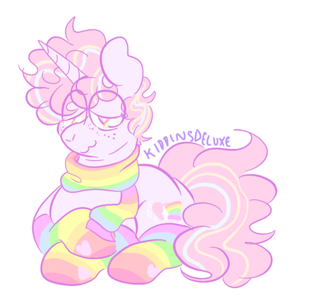 Size: 734x692 | Tagged: safe, artist:kiddinsdeluxe, derpibooru import, oc, oc:color wishes, unofficial characters only, pony, unicorn, b3, clothes, eyes half closed, freckles, looking away, lying down, multicolored hair, ponysona, rainbow, rainbow eyes, rainbow socks, scarf, simple background, sitting, socks, solo, striped socks, transparent background