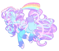 Size: 1280x1108 | Tagged: safe, artist:kiddinsdeluxe, derpibooru import, oc, pony, unicorn, blushing, curly hair, looking away, magic, multicolored coat, multicolored hair, one hoof raised, rainbow, simple background, solo, sparkles, sparkly mane, transparent background, unkempt mane