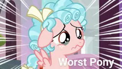 Size: 1280x720 | Tagged: safe, derpibooru import, edit, edited screencap, screencap, cozy glow, pegasus, pony, marks for effort, abuse, cozy glow is best facemaker, cozybuse, female, filly, floppy ears, foal, pure concentrated unfiltered evil of the utmost potency, sad, teary eyes, wavy mouth, worst pony