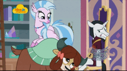 Size: 512x288 | Tagged: safe, derpibooru import, screencap, chancellor neighsay, sandbar, silverstream, yona, classical hippogriff, earth pony, hippogriff, pony, unicorn, yak, school raze, :3, :o, :q, animated, bow, chains, chair, cloven hooves, female, flying, forgiveness, frown, gif, hair bow, licking, licking lips, lock, lockpicking, logo, male, monkey swings, nick jr., open mouth, pushing, smiling, spread wings, stallion, talking, teenager, tied up, tongue out, wings, yak smash