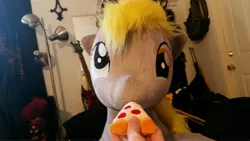 Size: 5312x2988 | Tagged: safe, artist:agatrix, derpibooru import, derpy hooves, pegasus, pony, feeding, female, food, irl, meat, pepperoni, pepperoni pizza, photo, pizza, plushie, ponies eating meat, smiling, solo