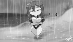 Size: 1920x1117 | Tagged: absolute cleavage, artist:shonuff44, beach, big breasts, bikini, breasts, chibi, cleavage, clothes, commission, derpibooru import, huge breasts, human, humanized, humanized oc, monochrome, oc, oc:young weird, rain, sling bikini, suggestive, swimsuit, unofficial characters only, wet