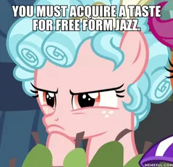 Size: 600x581 | Tagged: safe, derpibooru import, edit, edited screencap, screencap, cozy glow, scootaloo, pegasus, pony, marks for effort, cozy glow is not amused, cozybetes, cute, female, filly, foal, free form jazz, grandma's kisses, helmet, image macro, meme, memeful.com, pure concentrated unfiltered evil of the utmost potency, spongebob squarepants, thinking