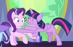 Size: 538x346 | Tagged: safe, derpibooru import, screencap, starlight glimmer, twilight sparkle, alicorn, celestial advice, animation error, duo, duo female, female, great moments in animation, twilight sparkle (alicorn)