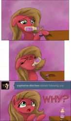 Size: 1050x1800 | Tagged: safe, artist:hewison, derpibooru import, oc, oc:pun, earth pony, pony, ask pun, ask, female, hoof hold, mare, mouth hold, pepto bismol, solo, tumblr