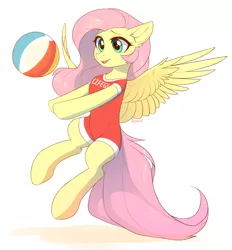 Size: 2745x2960 | Tagged: safe, artist:fensu-san, derpibooru import, fluttershy, pegasus, pony, semi-anthro, beach ball, clothes, cute, female, lifeguard, mare, one-piece swimsuit, shyabetes, simple background, solo, spread wings, swimsuit, wings