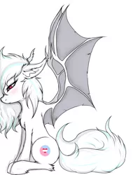 Size: 1280x1688 | Tagged: safe, artist:tatykin, derpibooru import, oc, unofficial characters only, bat pony, pony, albino, bat wings, blushing, female, lidded eyes, mare, simple background, sitting, solo, spread wings, white background, wings