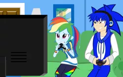 Size: 3778x2351 | Tagged: safe, artist:trungtranhaitrung, derpibooru import, rainbow dash, equestria girls, equestria girls series, controller, crossover, equestria girls-ified, house, playing games, sonic the hedgehog, sonic the hedgehog (series)