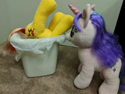 Size: 4032x3024 | Tagged: abuse, background pony strikes again, build-a-bear, derpibooru import, downvote bait, into the trash it goes, plushie, safe, shimmerbuse, starlight glimmer, sunset shimmer, sunset shimmer's trash can, your waifu is trash