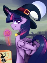 Size: 1280x1706 | Tagged: suggestive, artist:shadowreindeer, derpibooru import, twilight sparkle, twilight sparkle (alicorn), alicorn, pony, clothes, female, garter belt, garters, glowing horn, halloween, hat, holiday, magic, mare, panties, socks, solo, telekinesis, thigh highs, underwear, witch hat