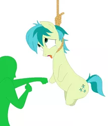 Size: 613x716 | Tagged: abuse, amputee, artist:hyolark, background pony strikes again, derpibooru import, downvote bait, edgy, god is dead, grimdark, hanging, hanging (by neck), imminent death, oc, oc:anon, punching bag, quadruple amputee, sandabuse, sandbag, sandbar, simple background, teary eyes, white background