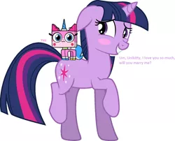 Size: 1268x1024 | Tagged: safe, anonymous editor, artist:wynsten, derpibooru import, twilight sparkle, pony, unicorn, blushing, crossover, crossover shipping, dialogue, female, lego, lesbian, shipping, shy, tara strong, the lego movie, unicorn twilight, unikitty, unikitty! (tv series), unitwily, voice actor joke, yes