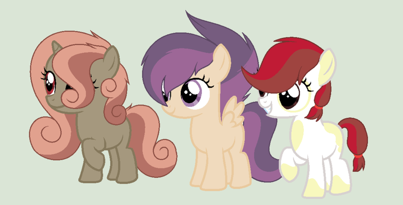 Size: 1024x522 | Tagged: safe, artist:honeydew001, derpibooru import, oc, oc:hurricane, oc:pixie bell, oc:tiny apple, unofficial characters only, earth pony, pegasus, pony, unicorn, base used, offspring, parent:apple bloom, parent:button mash, parent:pipsqueak, parent:rumble, parent:scootaloo, parent:sweetie belle, parents:pipbloom, parents:rumbloo, parents:sweetiemash, simple background