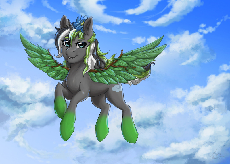 Size: 2480x1777 | Tagged: safe, artist:alexispaint, derpibooru import, oc, oc:midnight mist, unofficial characters only, pony, unicorn, artificial wings, augmented, cloud, female, flower, flying, leaf wings, mare, mechanical wing, plant wings, wings, ych result