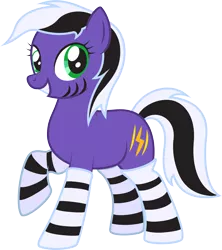Size: 2193x2466 | Tagged: safe, artist:lightning stripe, derpibooru import, oc, oc:lightning stripe, unofficial characters only, earth pony, pony, black and white mane, clothes, female, green eyes, mare, purple, show accurate, simple background, socks, solo, striped socks, stripes, transparent background
