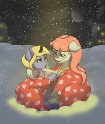 Size: 2903x3447 | Tagged: safe, artist:kittytitikitty, derpibooru import, oc, oc:atsuko, oc:chiyo, earth pony, kirin, pony, chocolate, fake horn, female, food, heart, hot chocolate, hug, mother and daughter, outdoors, quilt, snow