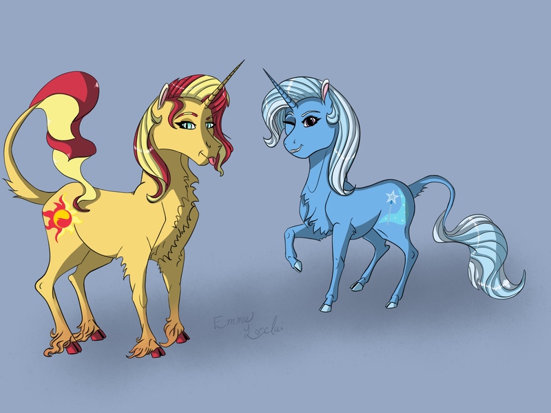 Size: 2732x2048 | Tagged: safe, artist:emmalorelai, artist:venommocity, derpibooru import, sunset shimmer, trixie, classical unicorn, pony, unicorn, cloven hooves, duo, headcanon, headcanon in the description, image, jpeg, leonine tail, long description, shipping in the description, unshorn fetlocks