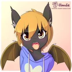 Size: 650x650 | Tagged: safe, artist:apony, derpibooru import, oc, oc:solar flux, anthro, bat pony, blushing, clothes, cute, ear fluff, heart, hoodie, male, solo, stallion, tongue out, wings