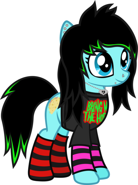 Size: 978x1310 | Tagged: safe, artist:lightningbolt, derpibooru import, oc, oc:scene chick, unofficial characters only, earth pony, pony, .svg available, arm warmers, bring me the horizon, clandestine industries, clothes, dyed mane, dyed tail, ear piercing, earring, eyeliner, female, jewelry, makeup, mare, necklace, nose piercing, piercing, scene, scene kid, shirt, simple background, smiling, snake bites, socks, standing, striped socks, svg, t-shirt, transparent background, vector