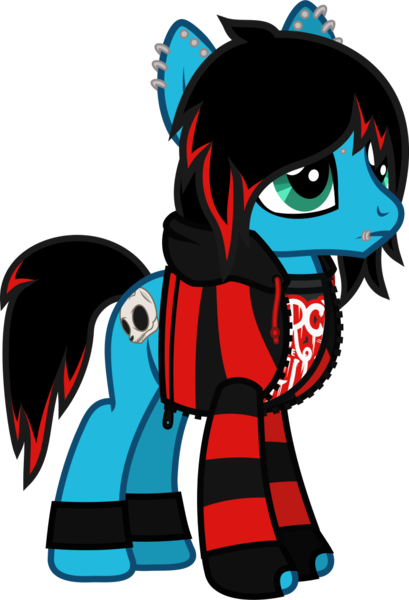 Size: 824x1208 | Tagged: safe, artist:lightningbolt, derpibooru import, oc, oc:emo lad, unofficial characters only, earth pony, pony, .svg available, ankle bracelet, bridge piercing, clothes, dyed mane, dyed tail, ear piercing, earring, emo, eyeliner, fingerless gloves, frown, gloves, hoodie, jewelry, lip piercing, makeup, male, pierce the veil, piercing, shirt, simple background, stallion, standing, svg, t-shirt, transparent background, undershirt, vector, zipper