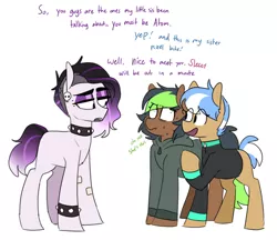 Size: 802x692 | Tagged: safe, artist:redxbacon, derpibooru import, oc, oc:atom bit, oc:black dahlia, oc:pixel bite, unofficial characters only, earth pony, pony, blank flank, clothes, collar, dialogue, eyeshadow, female, hoodie, lidded eyes, makeup, mare, nervous, simple background, smiling, sweater, white background