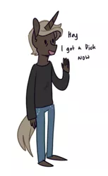 Size: 346x564 | Tagged: anthro, anthro oc, artist:redxbacon, clothes, derpibooru import, dialogue, implied penis, male, oc, oc:parch well, pants, rule 63, shirt, simple background, smiling, solo, solo male, stallion, suggestive, unofficial characters only