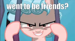 Size: 1000x550 | Tagged: safe, derpibooru import, edit, screencap, cozy glow, pegasus, pony, school raze, anti-bronybait, bronybait, cliffhanger, ending, evil grin, female, filly, grammar error, grin, how about no, implied lord tirek, it's a trap, misspelling, never, offscreen character, scene, smiling, text, text edit, wanna be friends?